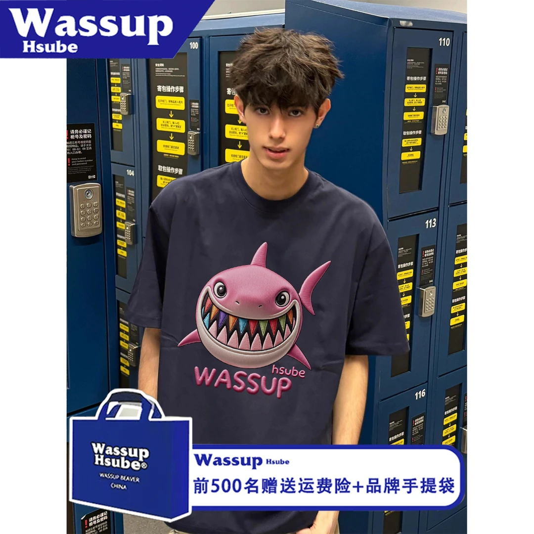 WASSUP HSUBE美式个性时尚夏季印花卡通鲨鱼短袖T恤男女款纯棉tee