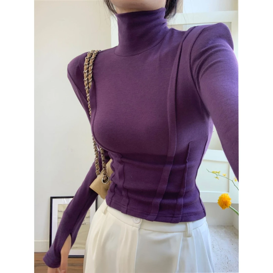 甜辣妹高领鱼骨设计长袖t恤女秋新款小众套指弹力半高领打底t恤