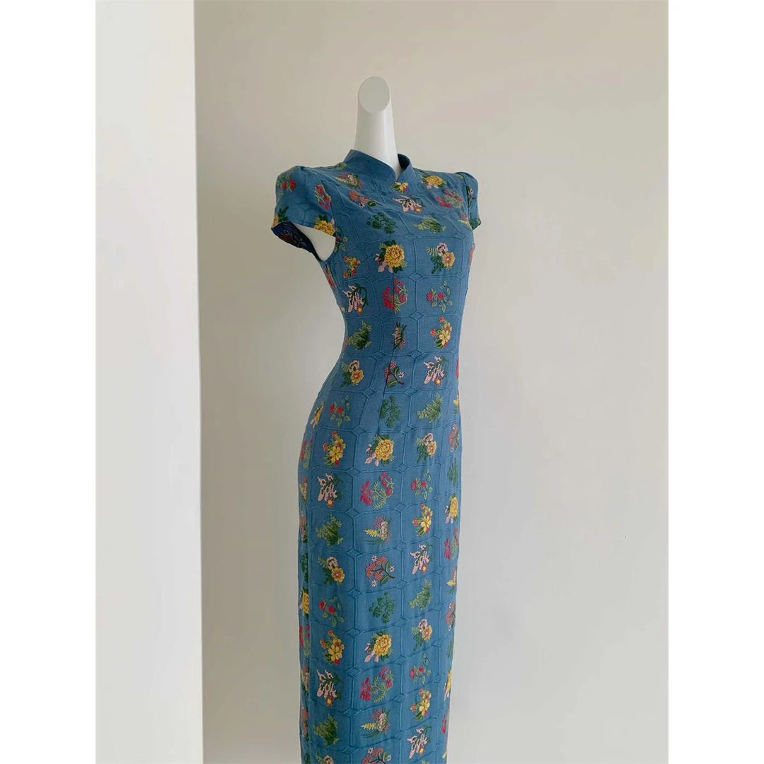 【花朝】新中式复古温柔修身显瘦时尚无袖长款连衣裙年轻款旗袍