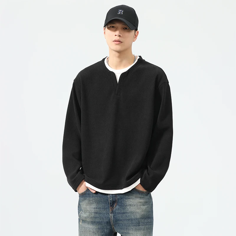 外华夫格假两件长袖T恤美式复古轻熟风V领亨利衫男美潮高街通勤衫