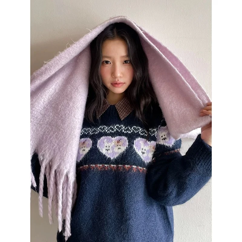 小狗情书  可爱减龄爱心织花圆领毛衣#8340