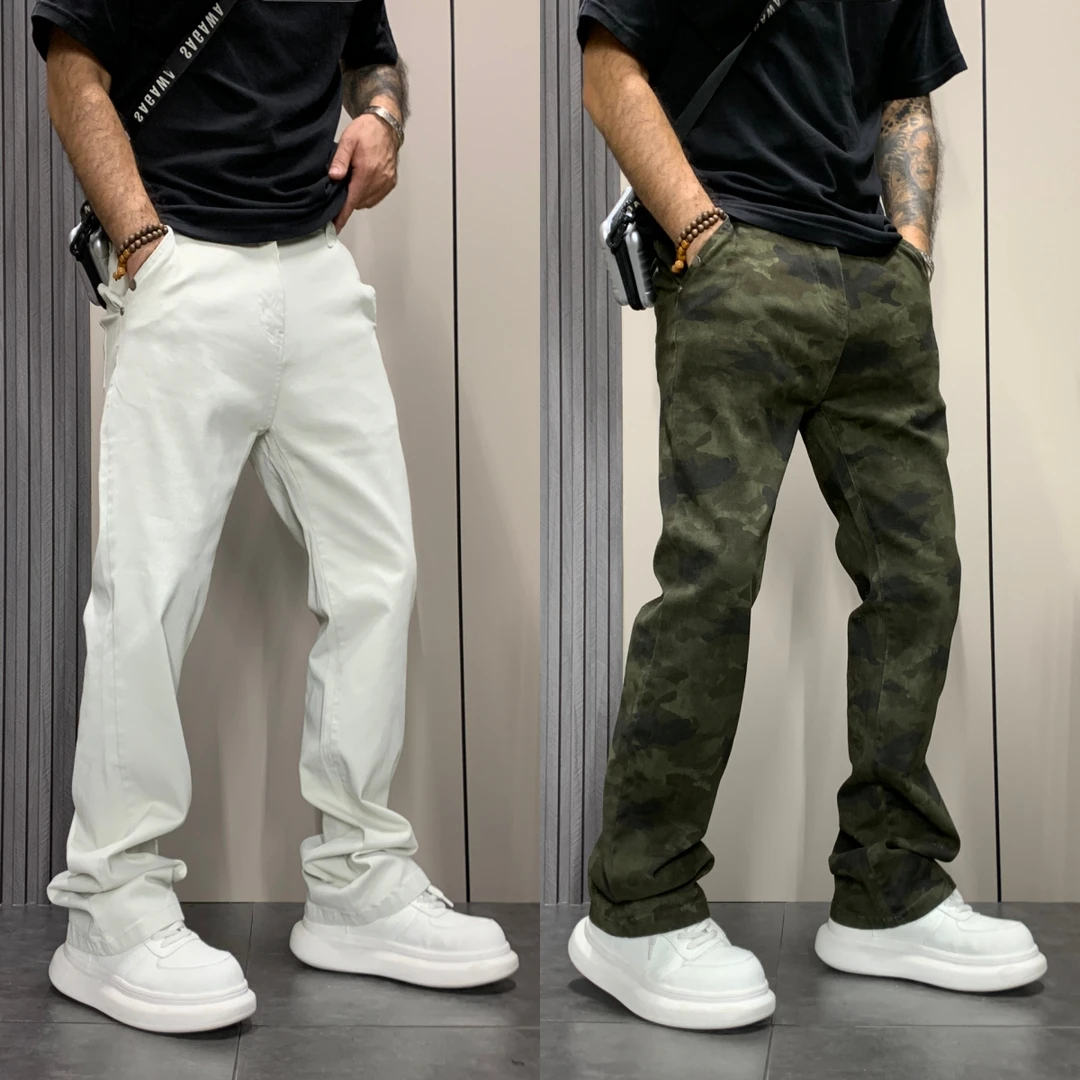 2025年秋季新款个性设计感迷彩直筒阔腿裤男士美式高街痞帅休闲裤