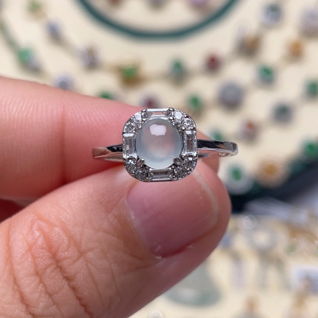 翡翠戒指银S925镶嵌纯天然缅甸翡翠