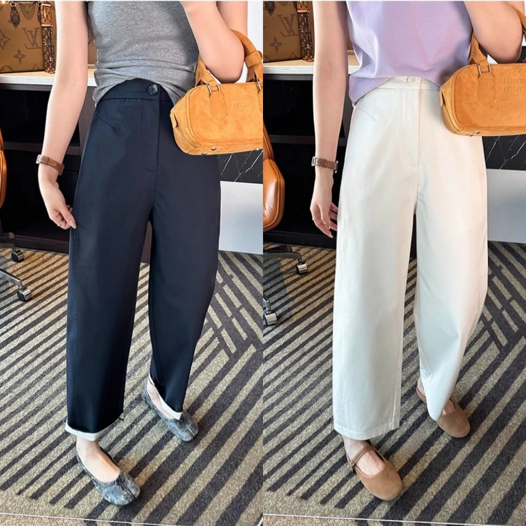 立体剪裁九分高腰阔腿裤女2025夏季新款小个子梨形身材宽松休闲裤
