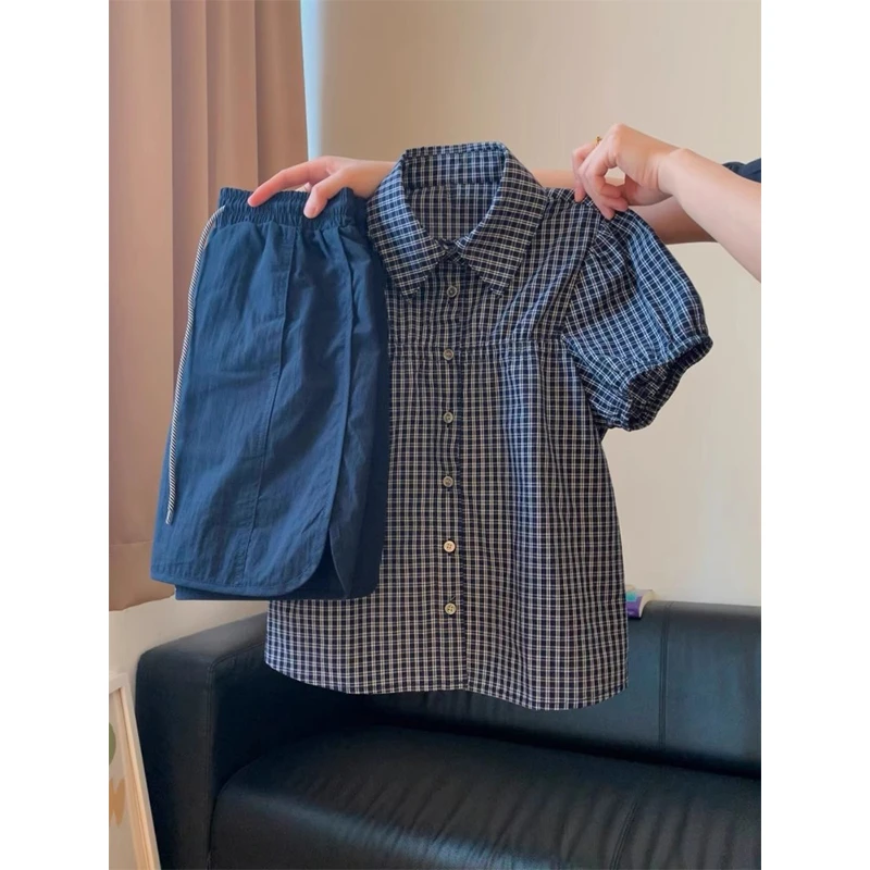 复古文艺格子短袖衬衫套装女高腰休闲工装半身裙子两件套夏季新款