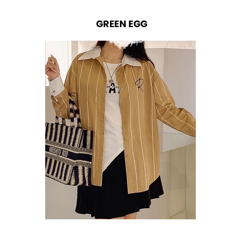 【年末狂欢】W924韩版英伦风个性刺绣条纹衬衫胖MM洋气衬衣