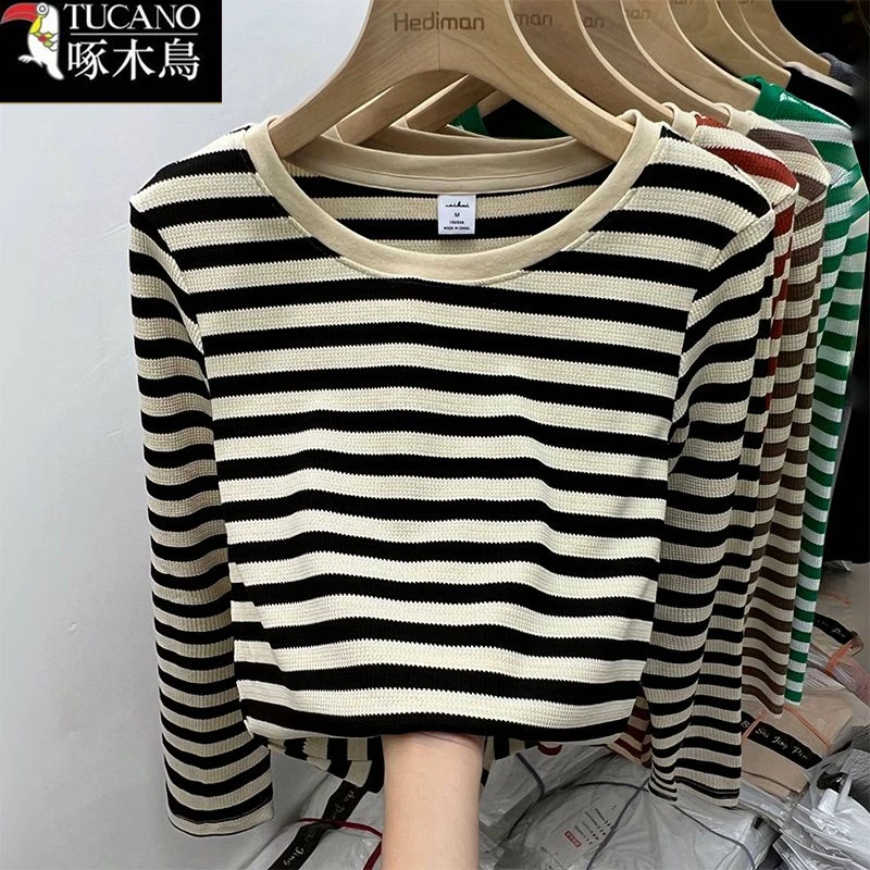 啄木鸟2025年春秋遮肉显瘦上衣女休闲百搭条纹T恤新款长袖打底衫