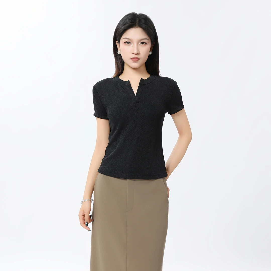 AMASS/阿玛施早春细闪上衣新款气质简约小V领针织T恤女修身530053