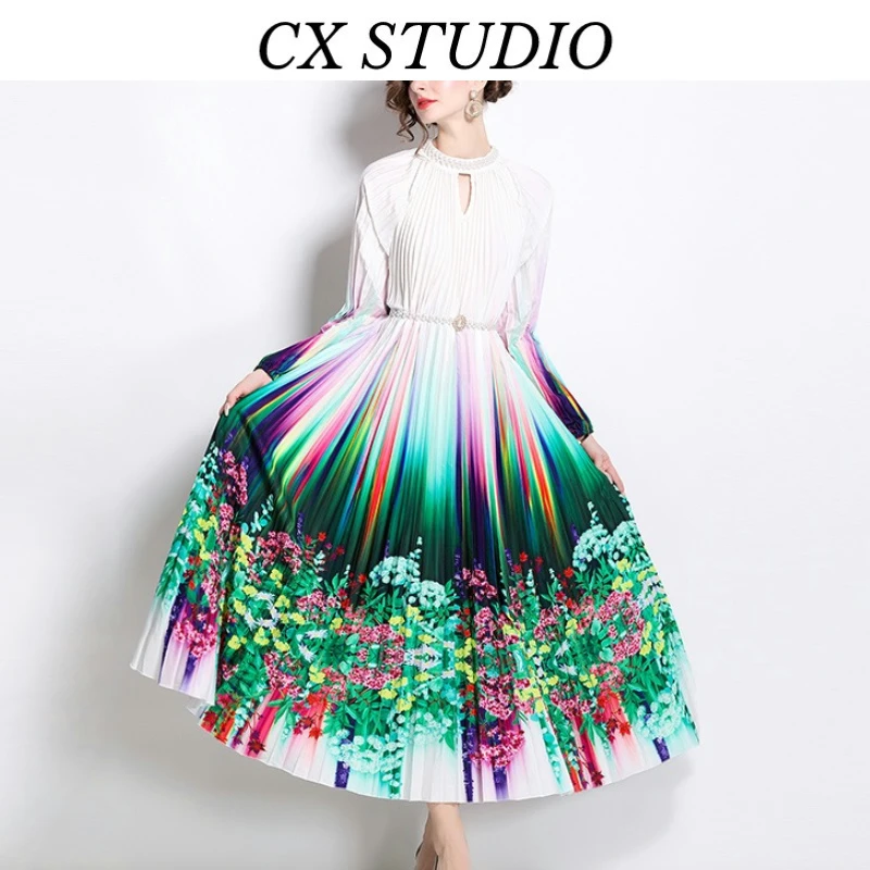 高端百褶裙新款气质连衣裙宽松显瘦遮肚印花裙子S8797