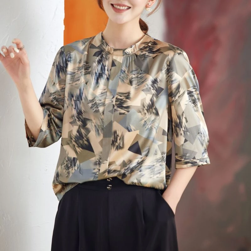 妈妈真丝上衣短袖杭州重磅高档中老年小个子夏装桑蚕丝衬衣9987-1