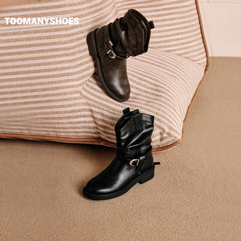 Toomanyshoes靴子2025秋冬新款自由诗篇厚底短靴堆堆靴显瘦骑士靴