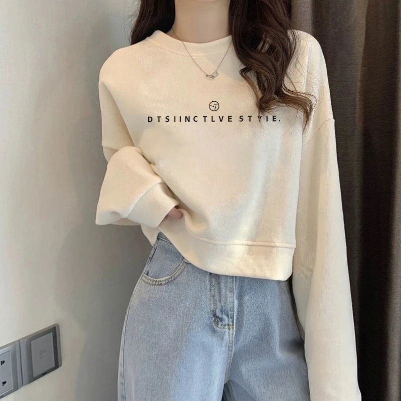 圆领套头短款卫衣女加绒加厚秋冬长袖上衣高腰显瘦小个子春秋薄款