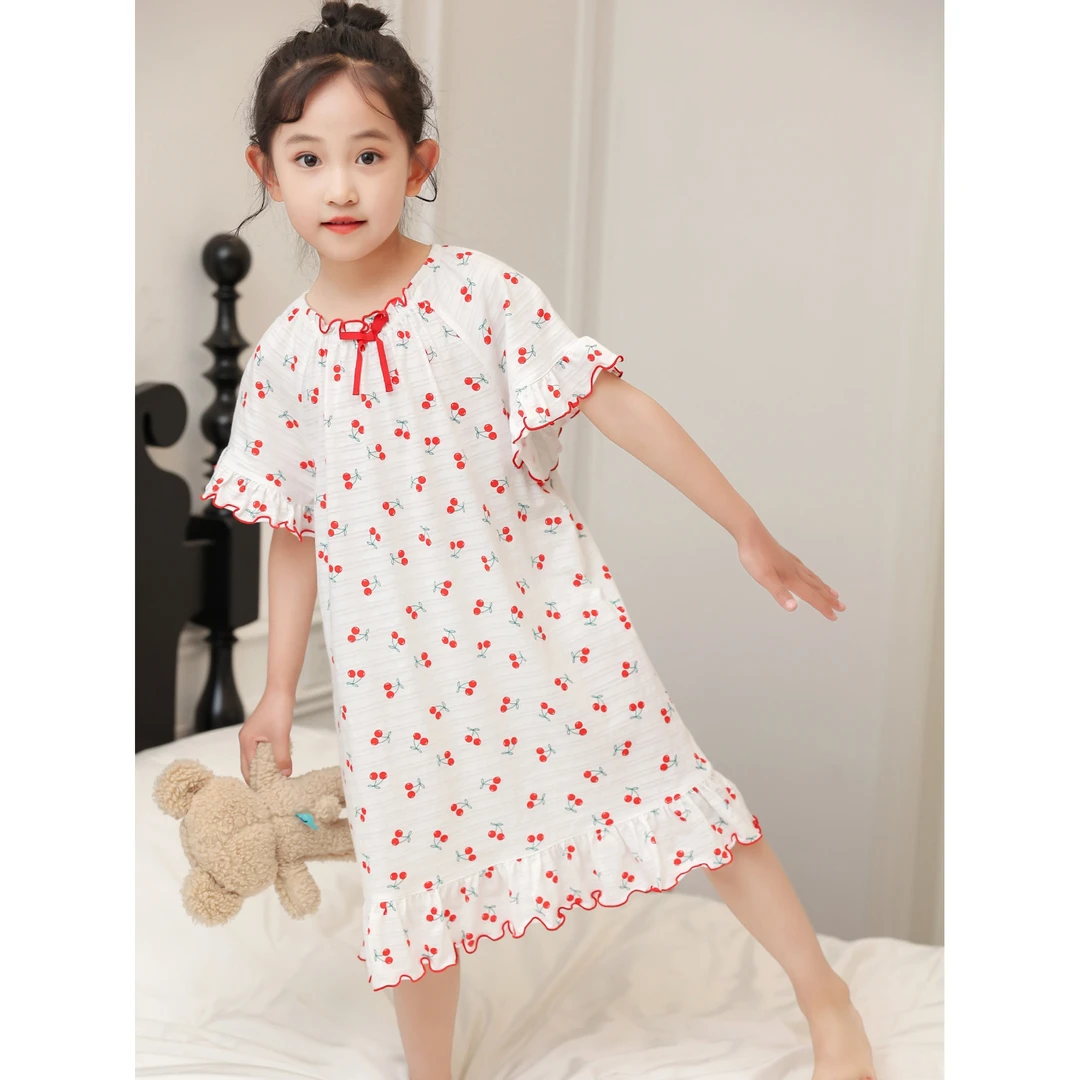 82352夏季女童甜美樱桃印花家居服荷叶边短袖柔软亲肤纯棉睡裙