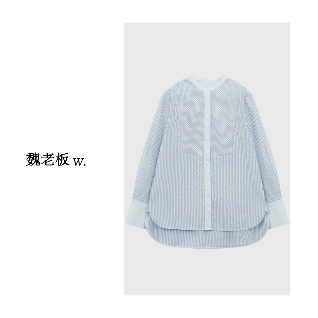 W.Diva【简朴】蓝色清新高级感洋气休闲百搭条纹长袖衬衫51S201055