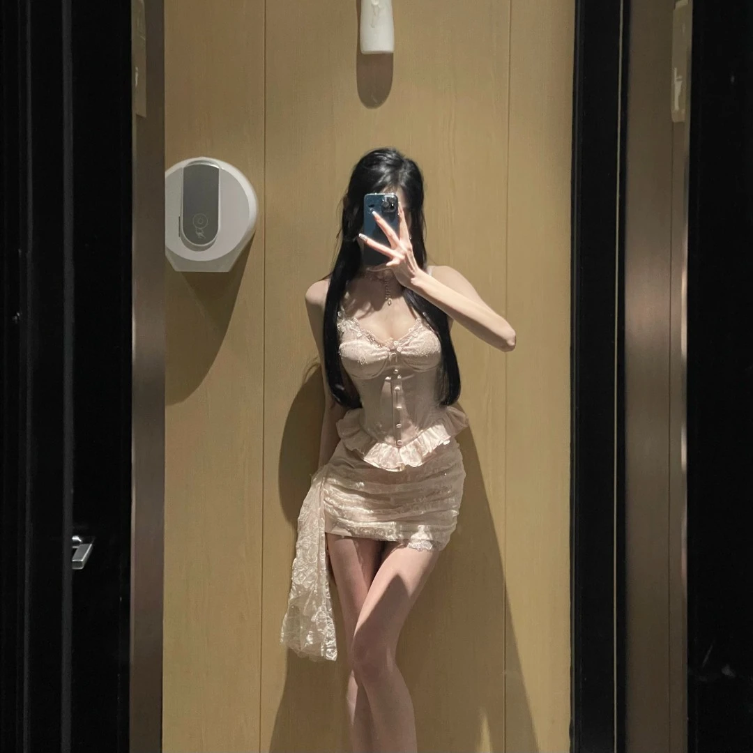 【致命陷阱】夏季纯欲感绑带吊带背心女荷叶边包臀辣妹裙套装