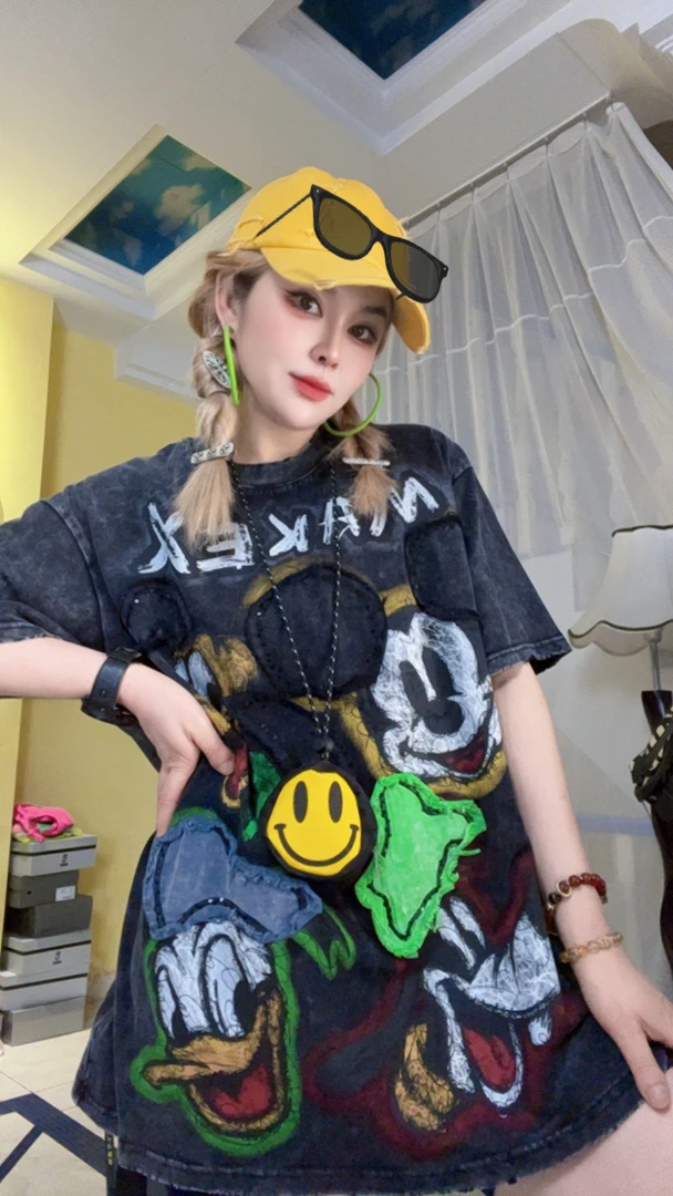 【水洗贴布】夏季薄款卡通贴布个性全棉潮牌短袖T恤1076