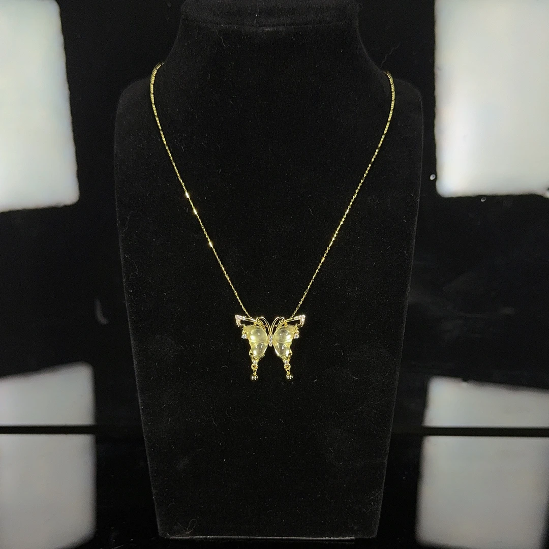 蝴蝶石英岩玉水沫子925银新中式时尚轻奢吊坠项链