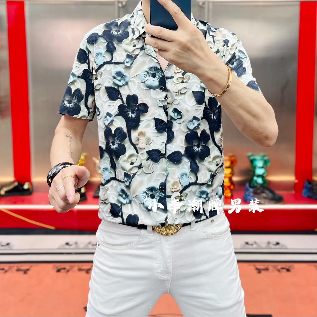 欧洲站夏季新款2025男士时尚提花冰丝短袖百搭修身痞帅翻领衬衫