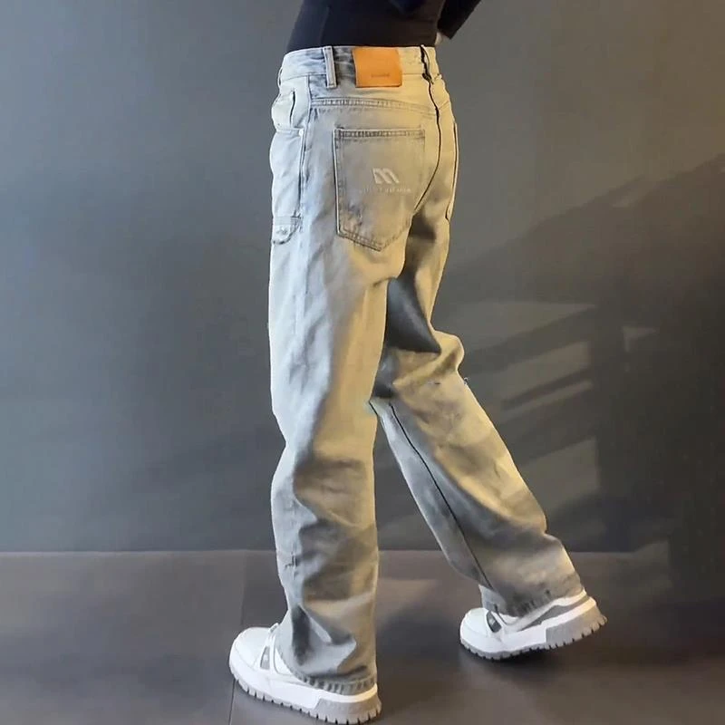 轻奢男装大码秋冬男士设计感宽松牛仔裤直筒高级感休闲裤时尚新款