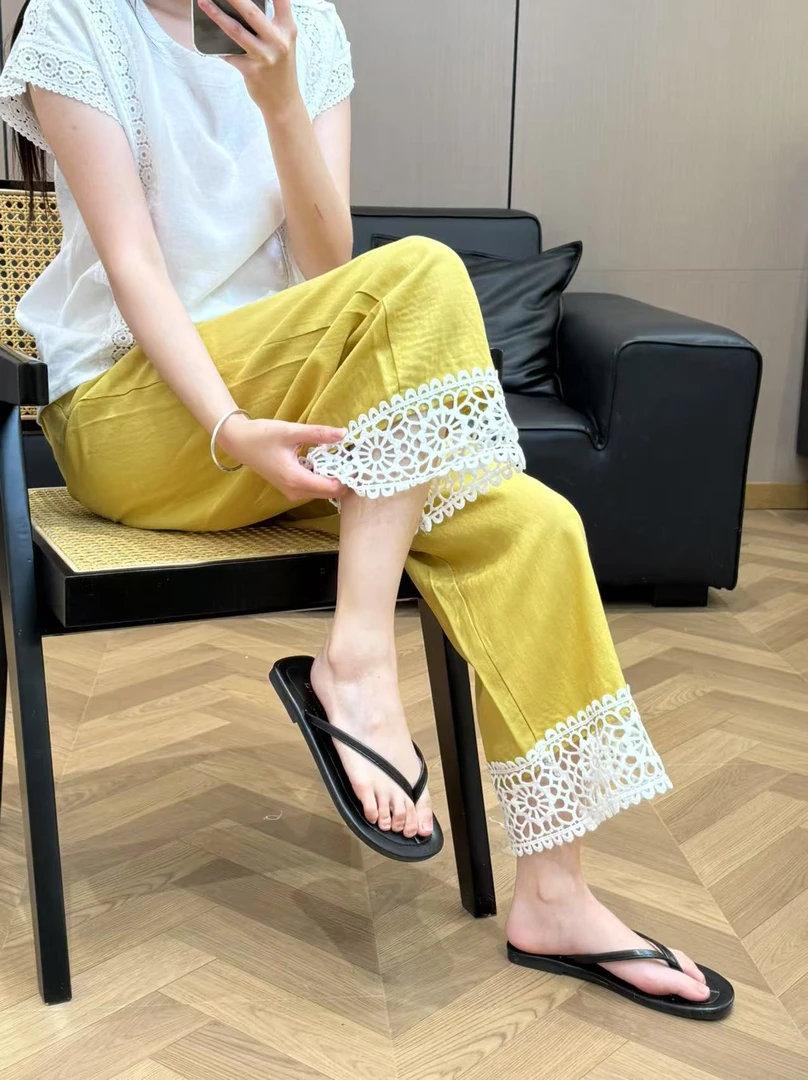 小雅姐姐 夏季复古减龄薄款显瘦蕾丝直筒阔腿裤IY80