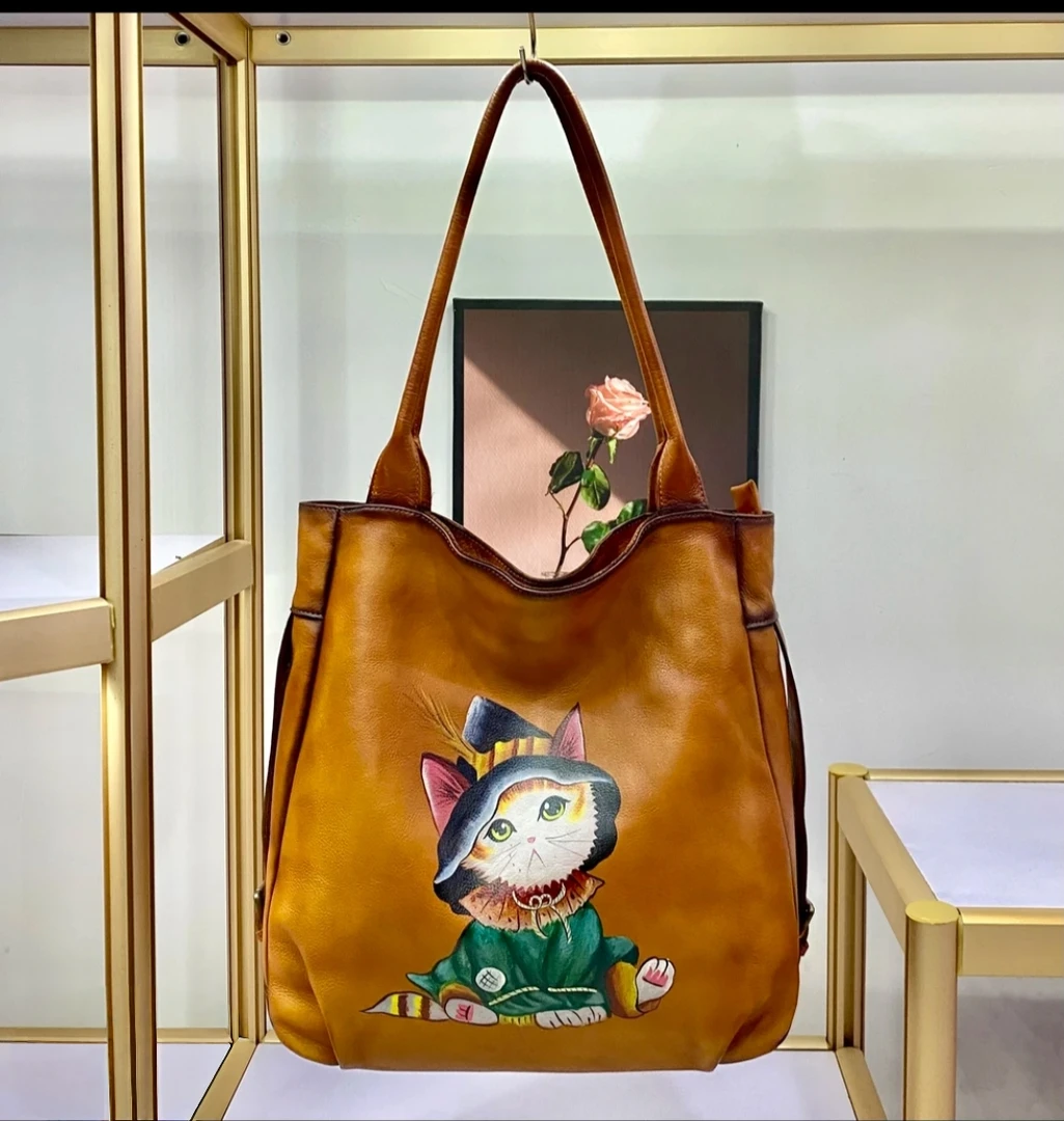 复古包手工皮包包女头层牛皮女包 定制款小猫咪