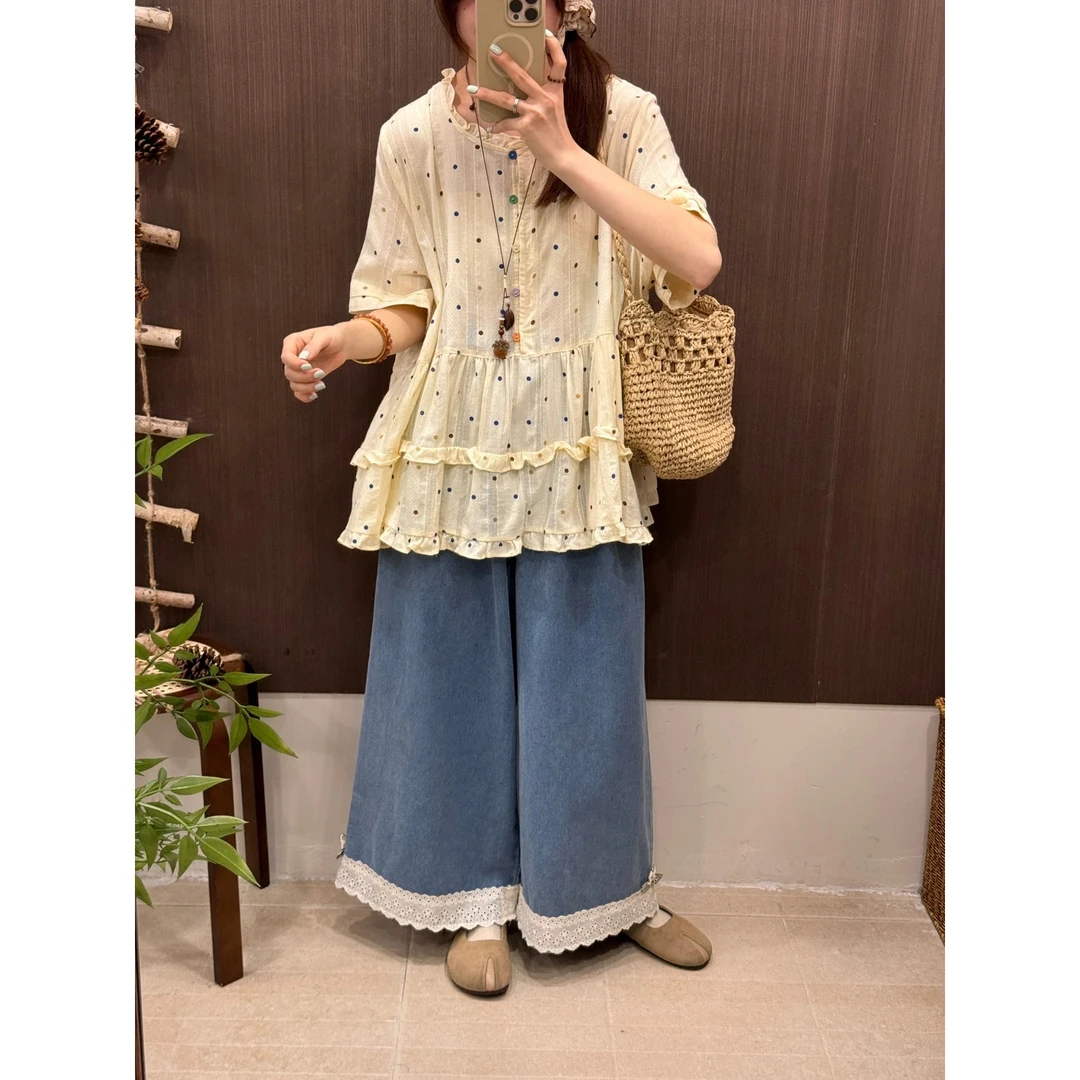 LD#3988#日系文艺彩点短袖衬衫