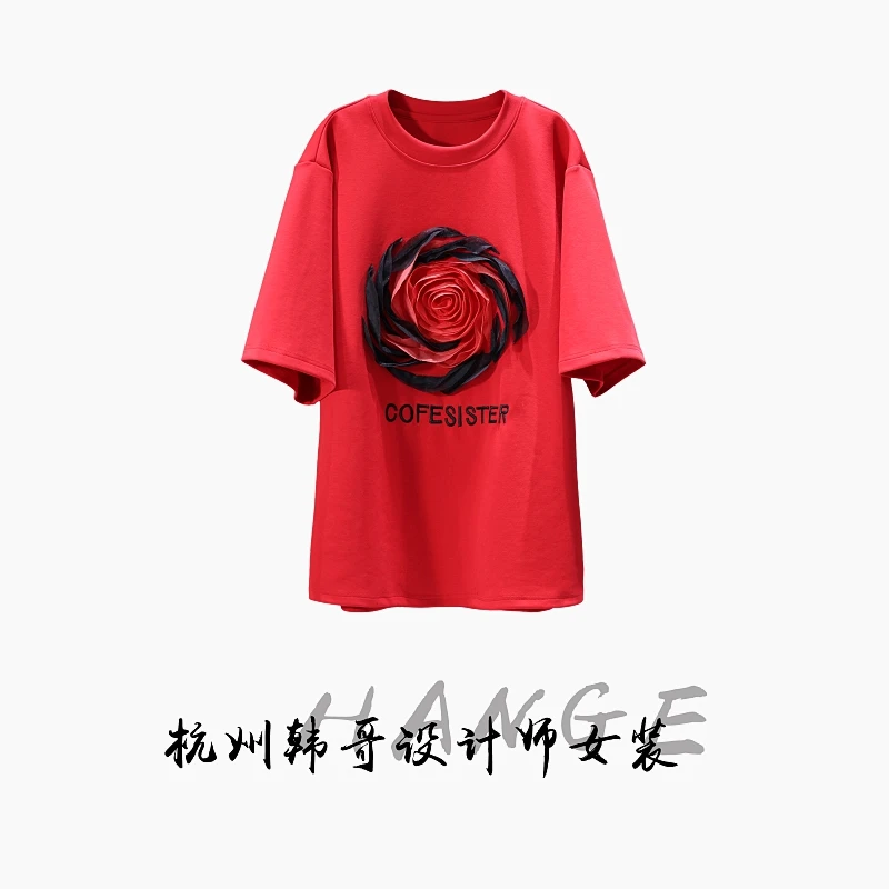 【韩哥欧货女装】2026春季《石榴红》立体盘花高克重欧版短袖260339