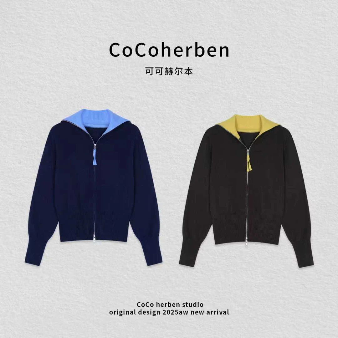 秋季翻领针织毛针织衫糯米衣上衣拼色纯色休闲HBA037