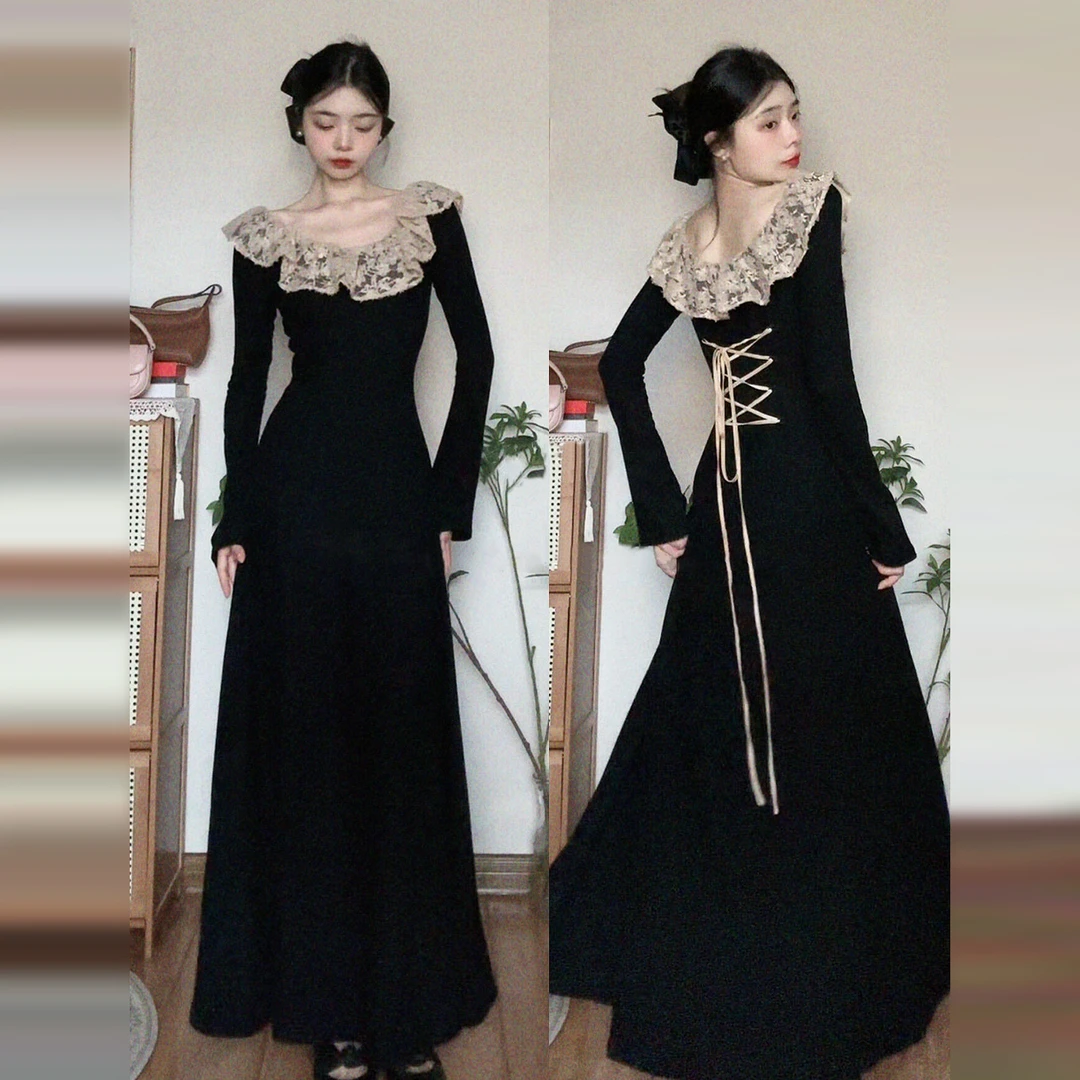 法式赫本风黑色针织长袖连衣裙子女秋冬2026新款收腰显瘦洋气长裙