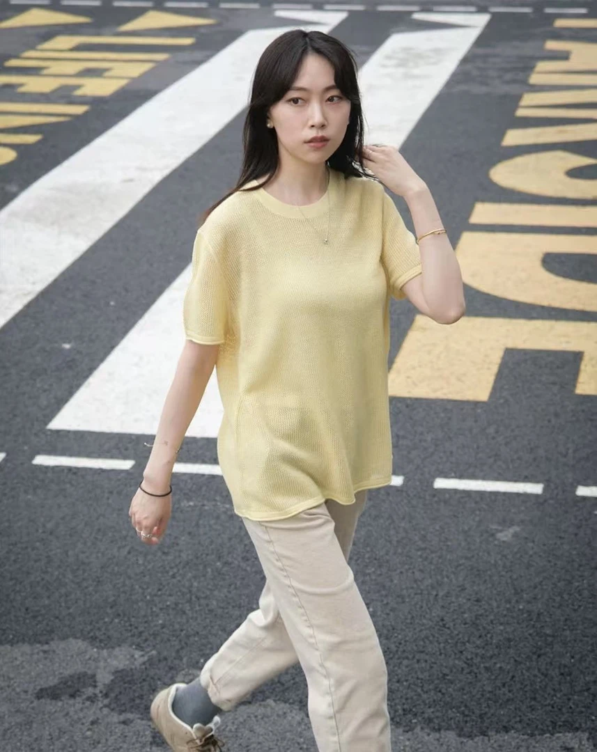 圆领短袖T恤女2025新款夏季薄款宽松微透针织上衣2545