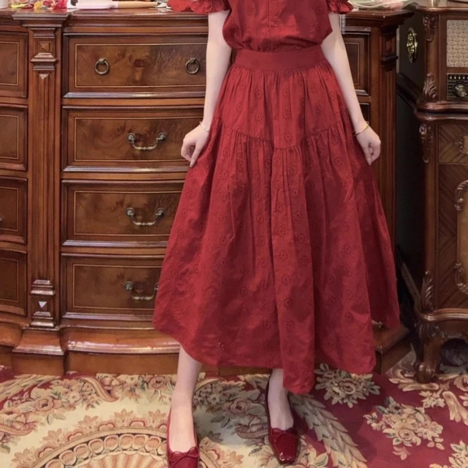 专场【一生罗曼】 红色复古半身裙女款提花A字高级感裙子B614