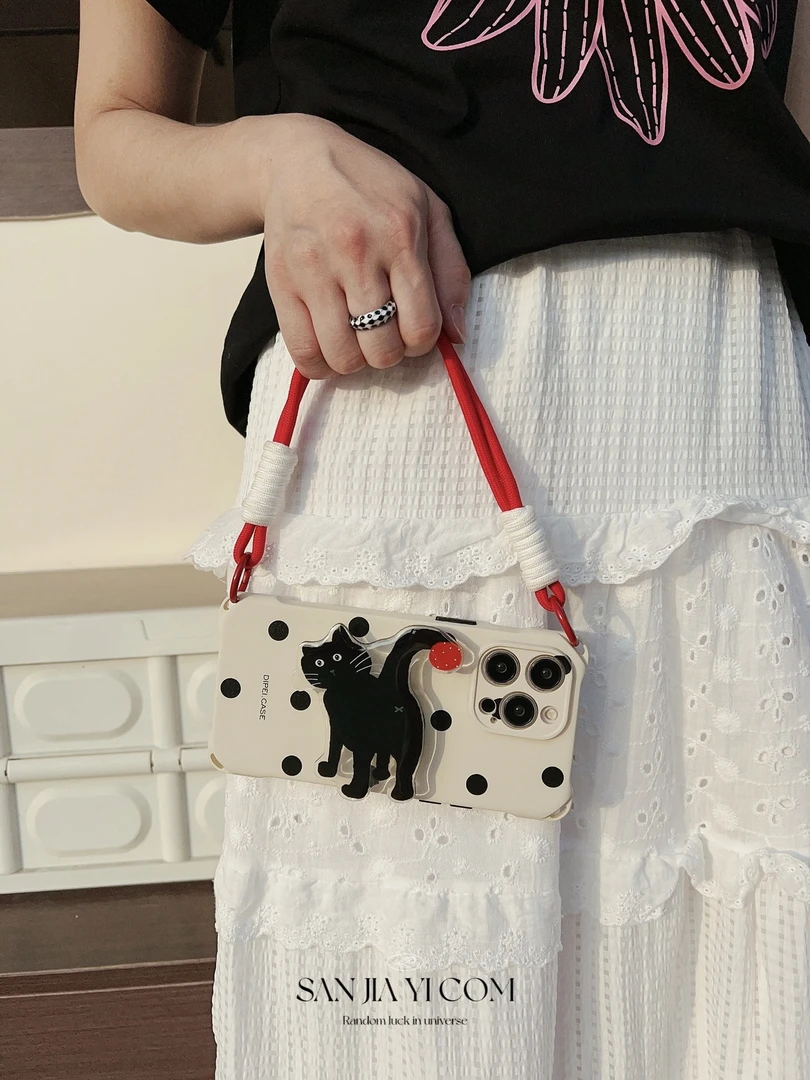 趣味可爱黑猫支架mate60四角开孔手机壳适用华为小米苹果防摔