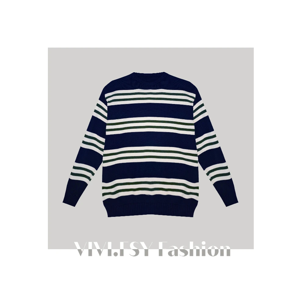 【刺绣标】条纹撞色拼接圆领毛衣4427