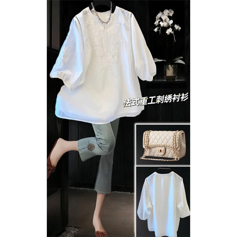重工刺绣六分袖衬衫设计感上衣女胖妹妹遮肉宽松休闲减龄小衫夏季