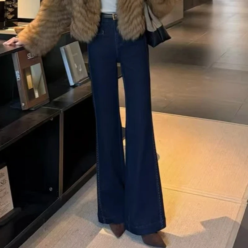 丹宁色微喇加厚加绒牛仔裤女2025秋冬新款高腰显瘦超好看喇叭裤子