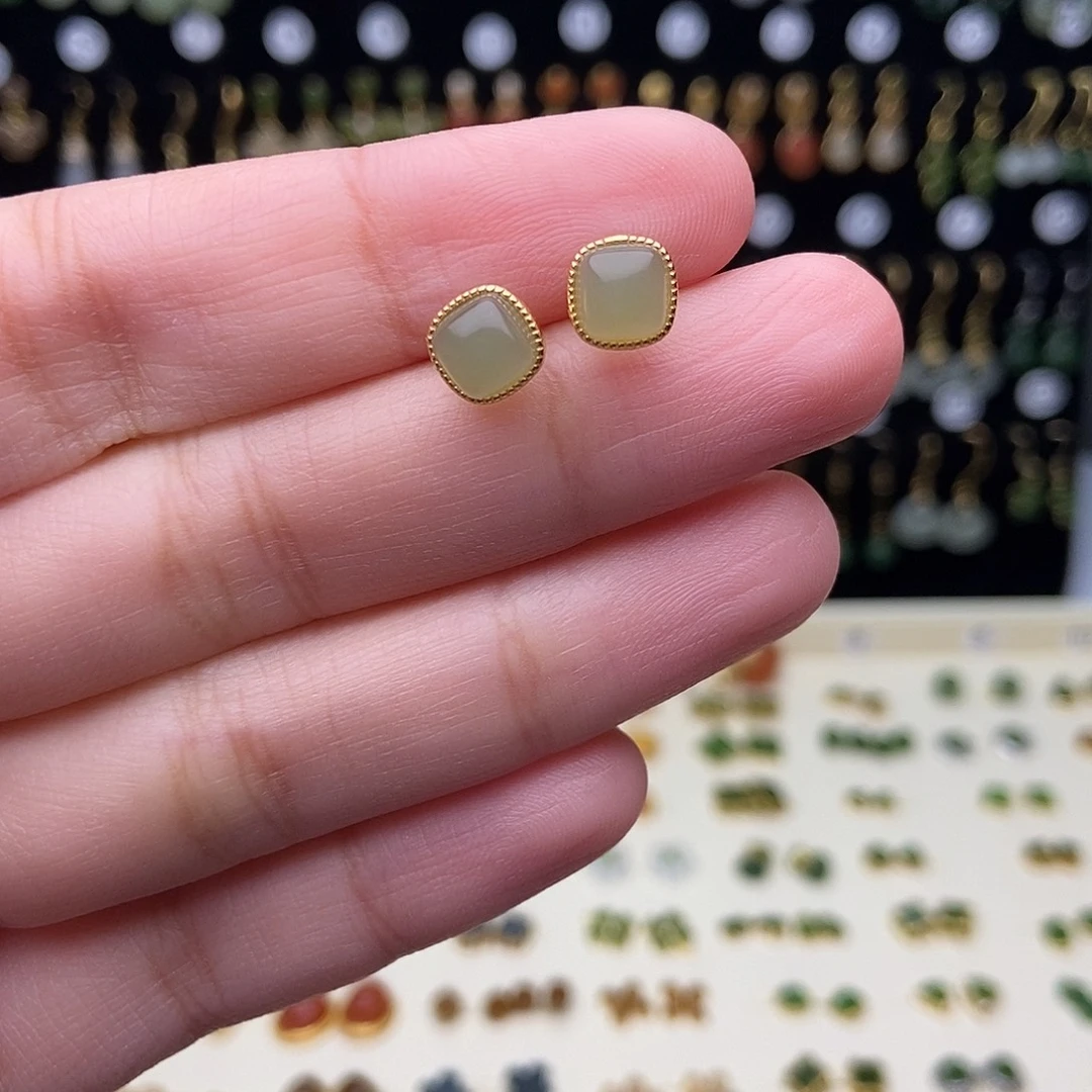 和田玉银S925镀金镶嵌耳饰