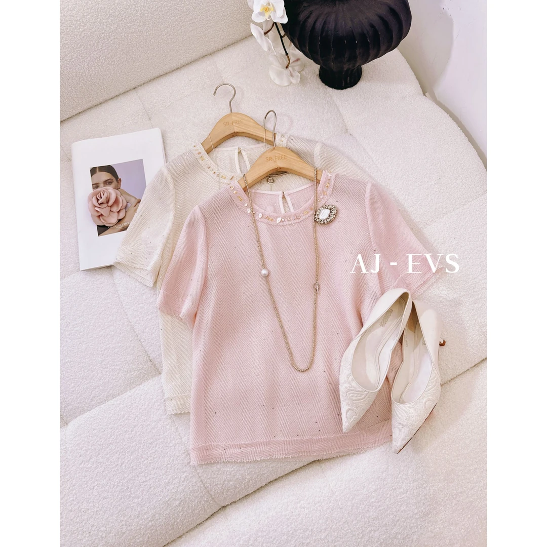 AJ-EVS【精致入夏·进口亮片冰凉丝滑感抗皱短袖上衣】