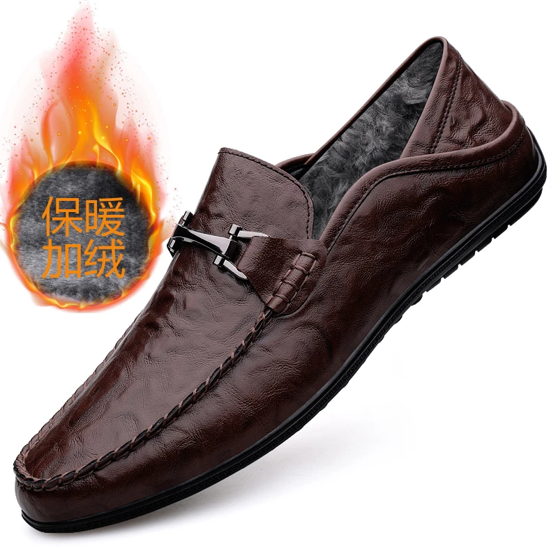 男士皮鞋2025秋冬加绒保暖豆豆鞋男款通勤透气软底鞋子一脚蹬男鞋