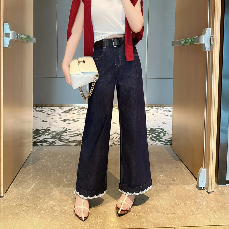 欧货2025夏季薄款高腰显瘦卷边蕾丝牛仔阔腿裤女小个子九分直筒裤