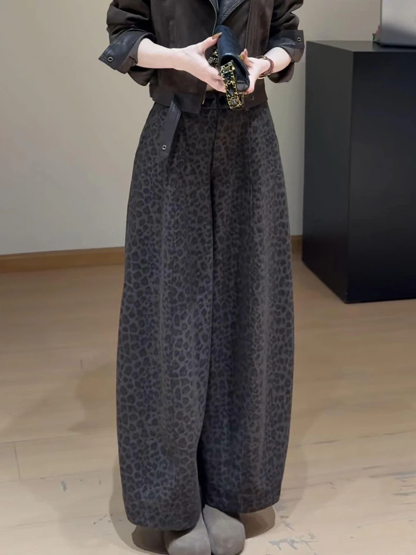 豹纹加绒加厚阔腿裤子女秋冬2025新款胖MM减龄遮肉显瘦休闲弯刀裤