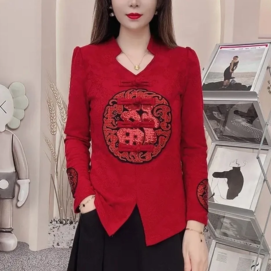 秋冬新中式薄绒打底衫鸿运当头大福新国风V领内搭打底衫