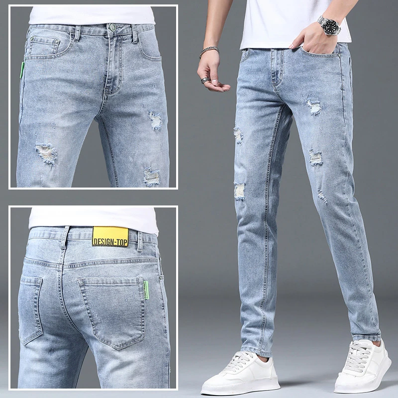 Leekody香港秋季高端破洞牛仔裤男修身小脚韩版潮流百搭弹力长裤