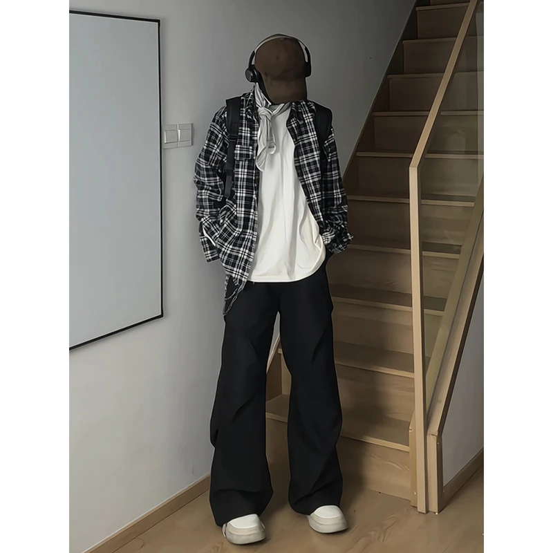 黑色褶皱微喇阔腿西裤男款夏季垂坠感高级感直筒休闲裤美式西装裤