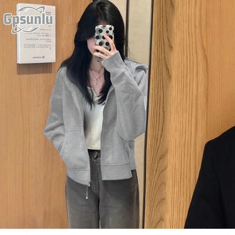 gpsunlu藏青色短款显瘦卫衣女长袖秋季新款连帽拉炼时尚开衫外套