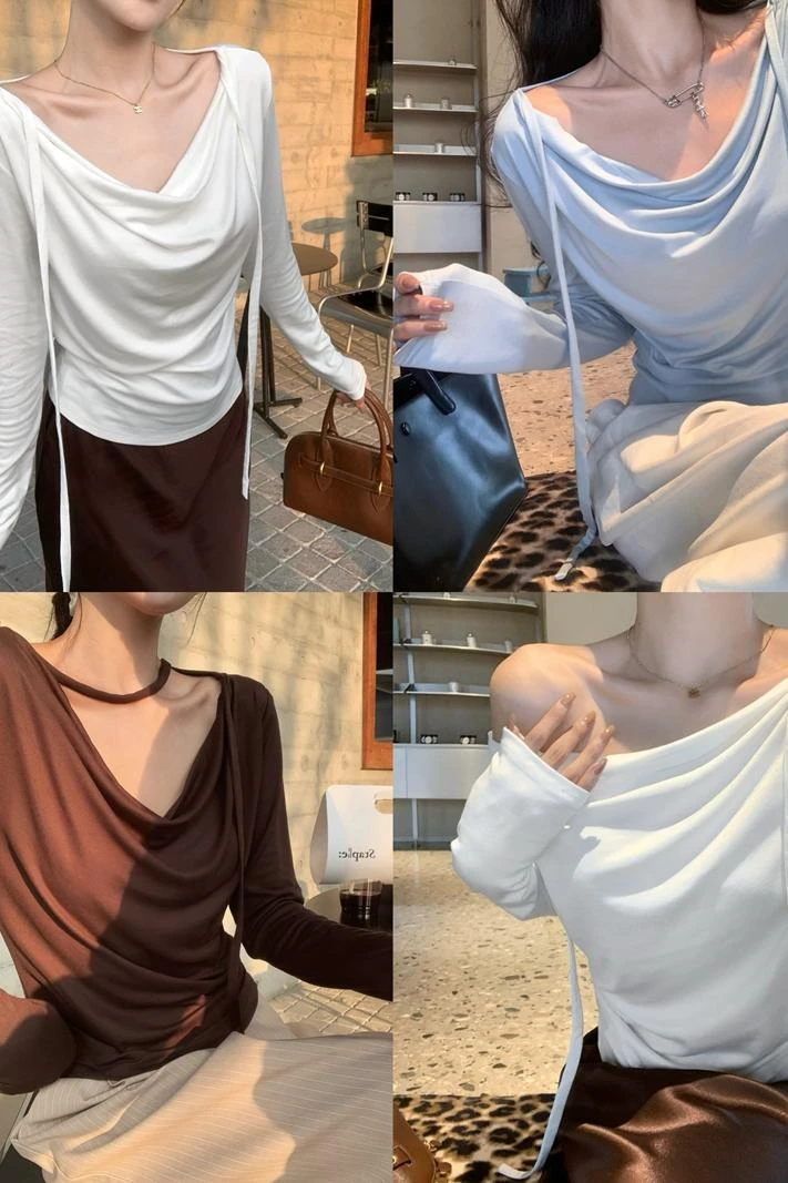 秋季甜美温柔风舒适荡领飘带长袖T恤内搭打底衫女减龄显瘦上衣