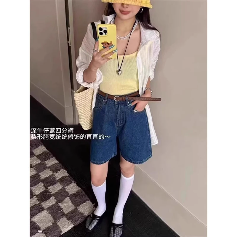 高腰深蓝色四分牛仔短裤女夏欧货宽松显瘦百搭休闲A字阔腿热裤