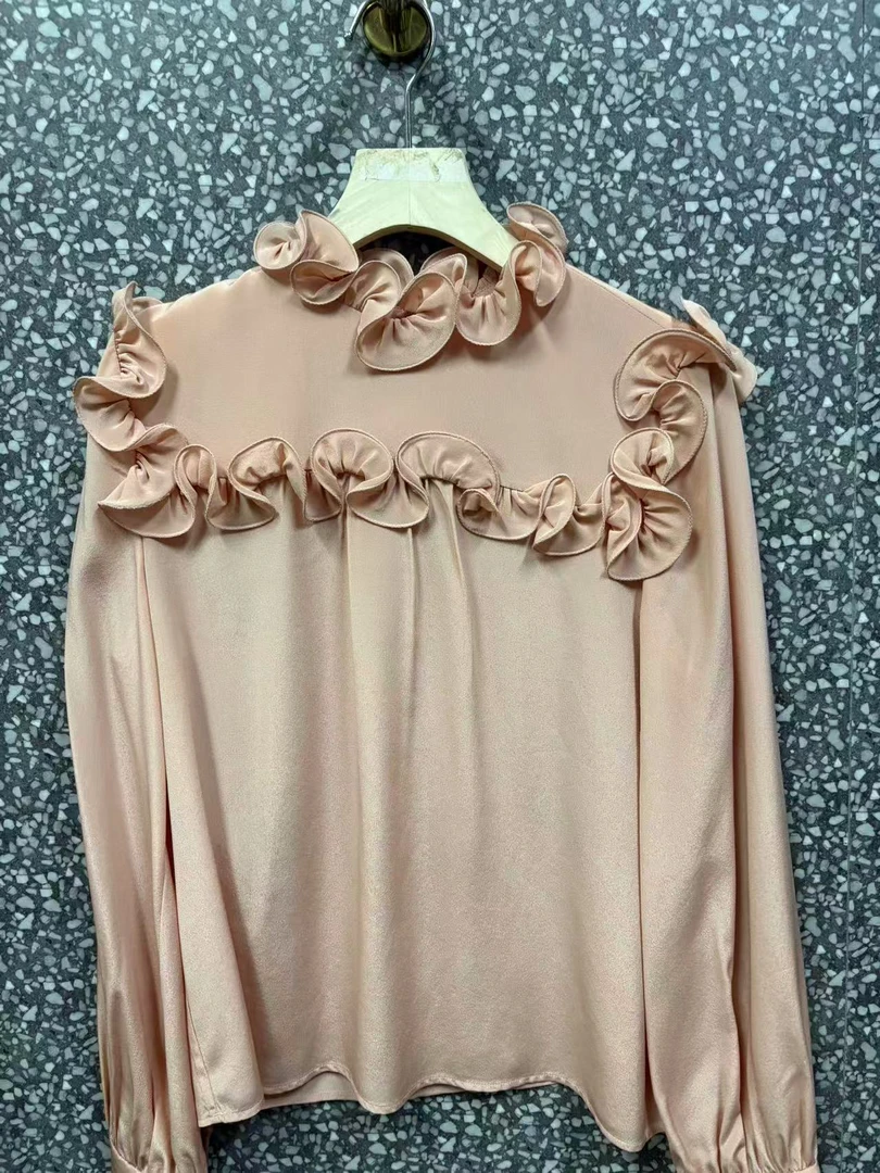 长袖重工立体荷叶边衬衫小衫纯色女装