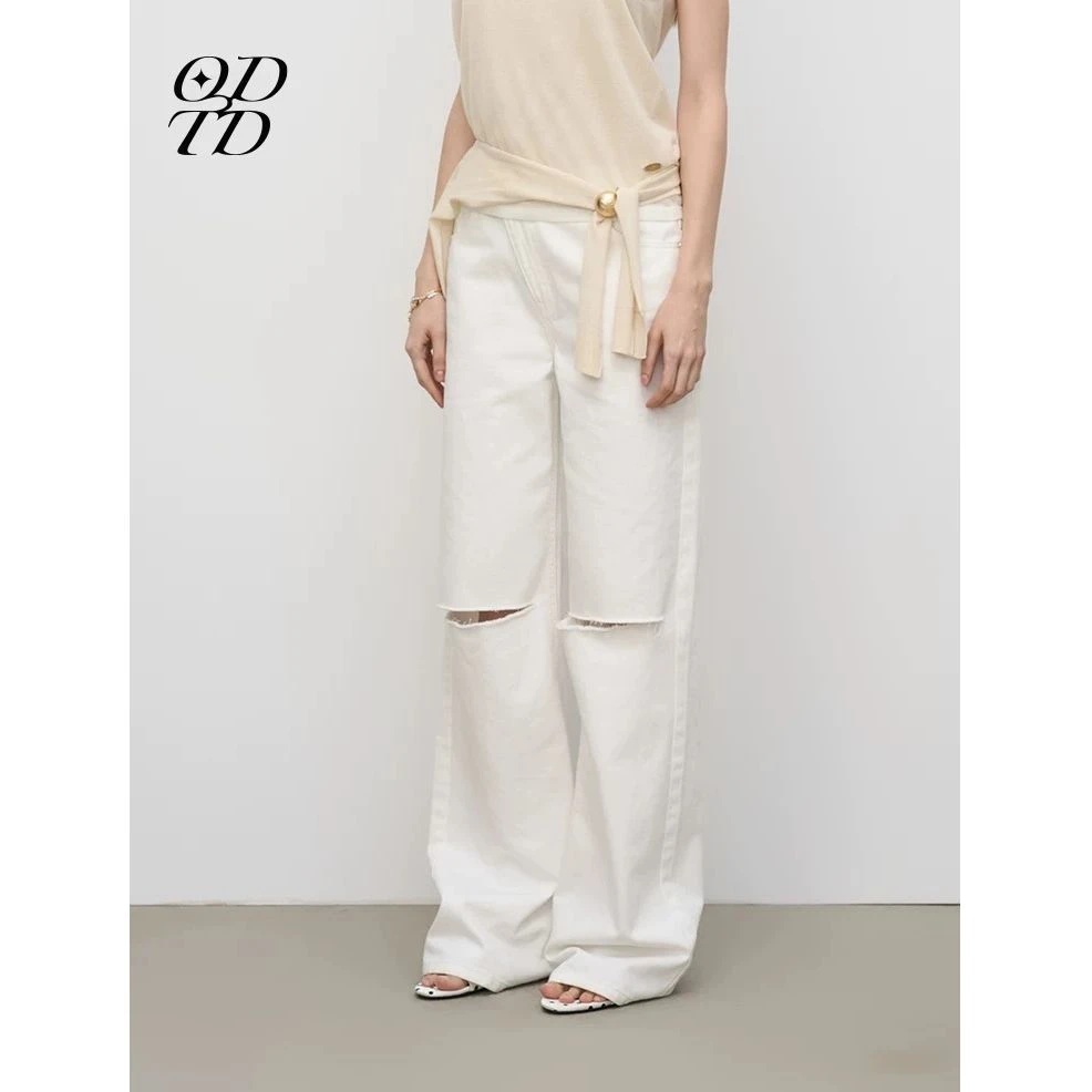 UCUT简刀18336 ODTD 25春夏新款牛仔斜搭水洗破洞长裤女直筒休闲