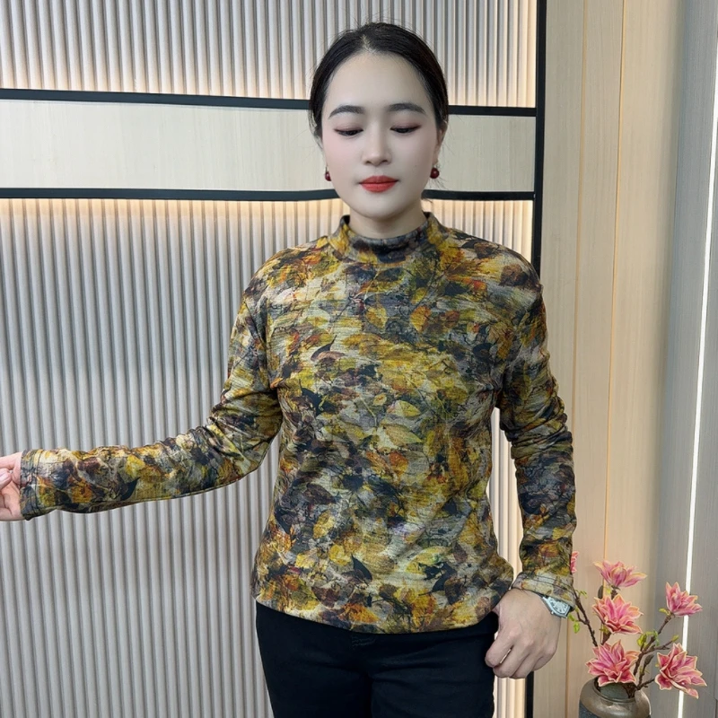半高领常规印花千金风中长款T恤保暖提花长袖针织