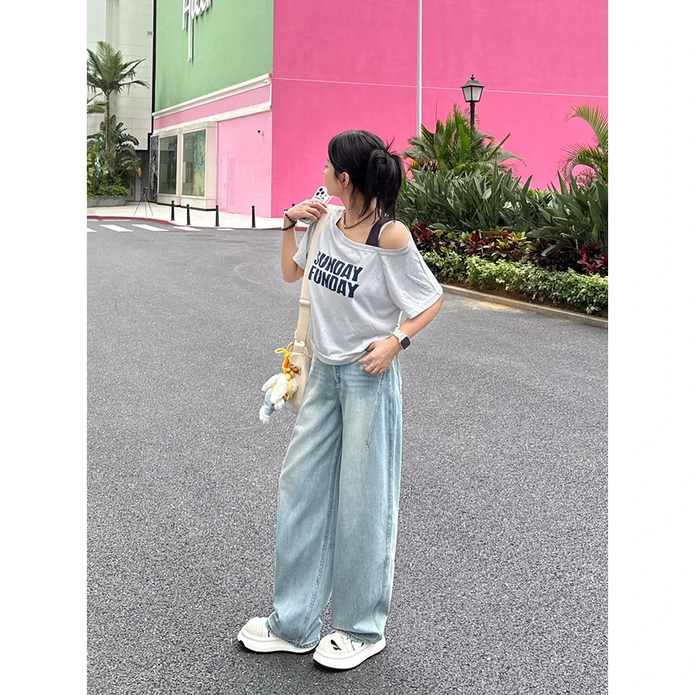 DUOXINIU/多喜牛Oye夏季新款弯刀裤阔腿牛仔裤复古女士宽松